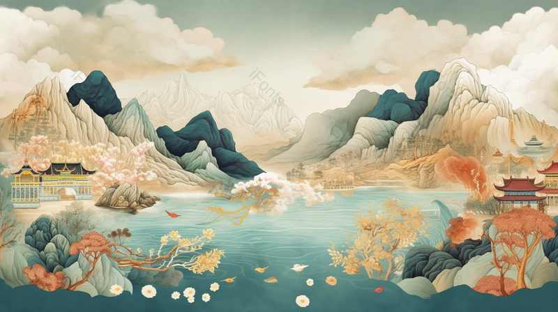中国风春日山中万花盛开手绘插画,插画/手绘图,插画/手绘图库,插画/手绘图下载,插画/手绘
